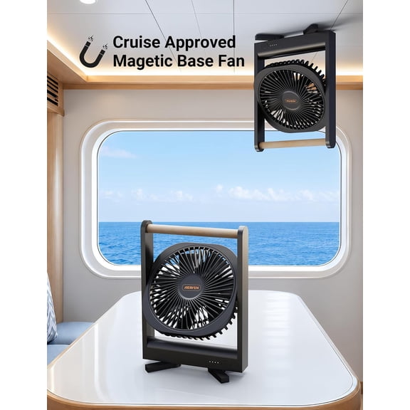 LABAKUI-Magnetic Cruise Fan, Rechargeable Portable Fan for Cruise Ship Cabin, Strong Magnetic Base, 4 Speeds, Quiet USB-C Travel Fan, Ultra-Slim 13 oz, Adjustable Angle, Black