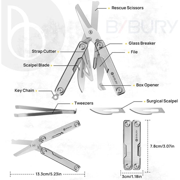 LABAKUI-Mini Multitool BI2052A, 8 in 1 Keychain EDC Scissors w/Window Breaker, Seat Belt Cutter, Bottle Opener for Outdoor Survival, Multi Tool Cool Gadget TSA Approved, Gift for Men Women