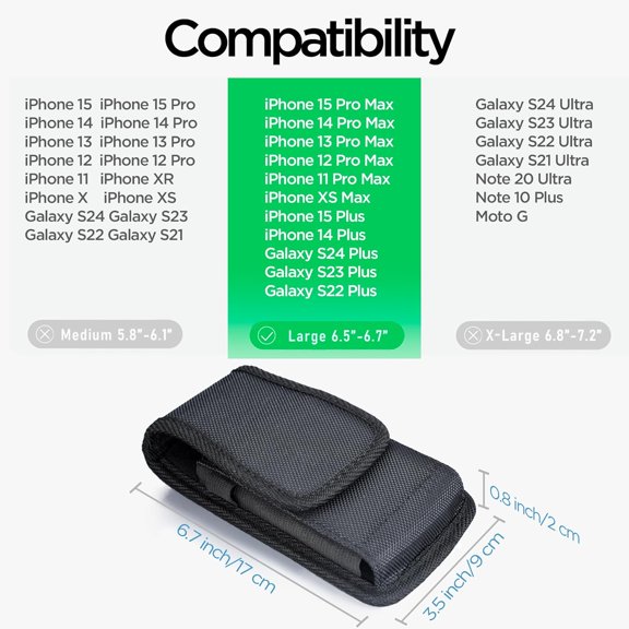 LABAKUI-Nylon Holster with Belt Clip Compatible with iPhone 17/16/15/14/13 Pro Max & Plus,17 Air Models, Galaxy S24/S23/S21/S20 FE, Cell Phone Pouch with ID Card Holder Pen Holder, Black -L