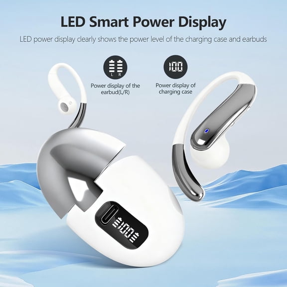 LABAKUI-Open Ear Clip Wireless Earbuds Bone Conduction Headphones, Bluetooth 5.4, Open Ear Design, Built-in Mic, IPX7 Waterproof, LED Display Charging Case,Ear Hooks Ear Buds,Design for Running Walki
