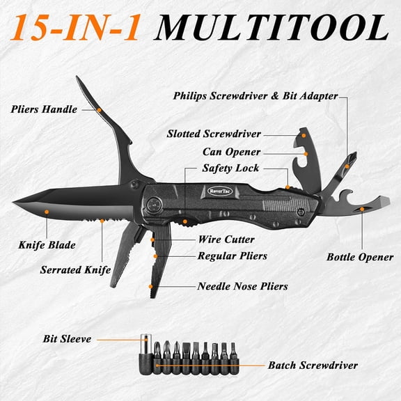 LABAKUI-Pocket Knife, 15-in-1 Multitool with Pliers, Bottle & Can Opener, 9 Screwdriver Bits, Locking Mechanism & Nylon Sheath - EDC Multi Tool for Camping, Hiking & DIY, Gift for Men & Dad