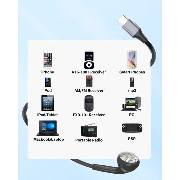 LABAKUI-Single Side Earphone, USB Type C One Ear Earphone with Mic and in-line Control,Compatible with iPad,iPods,Portable Players, Tablets, MP3 Players, Radios,for Both Left and Right Ears(Black)