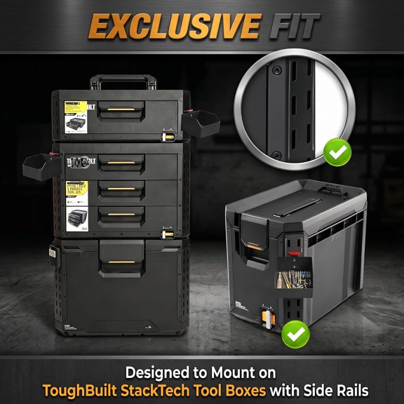 LABAKUI-Small Parts Organizer Compatible with ToughBuilt StackTech Rails, Side Mount Storage Bin for Screws, Drill Bits, Fasteners & Hardware Accessories