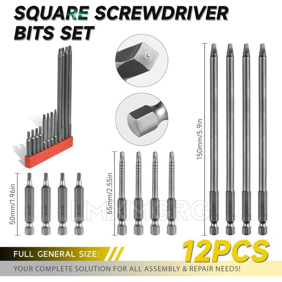 LABAKUI-Square Drive Bits 12pcs Magnetic Square Head Screwdriver Bits SQ2 High Magnetic Drill Bit Set (50mm 65mm 150mm) for Power Screwdriver Drill Impact Driver