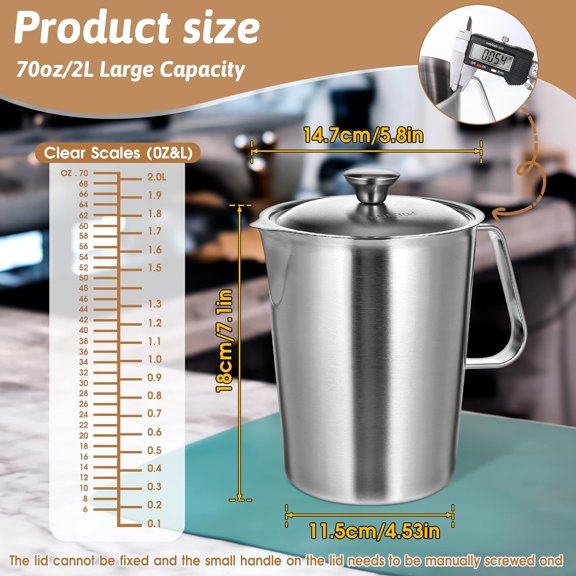 LABAKUI-Stainless Steel Metal Pitcher with Lid 2 L 70 oz Measuring Cup with Marking Metal Water Container with Handle Milk Frothing Jug for Iced Tea Hot Cold Water
