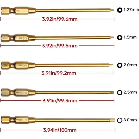 LABAKUI-Titanium 1/4" Drive RC Hex Driver Bit Set 1.27mm 1.5mm 2.0mm 2.5mm 3.0mm Allen Wrench Keys Compatible with Electric Drills Impact Drill (5-Pack)