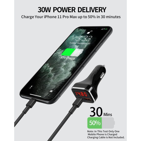 LABAKUI-USB C Car Charger Adapter with Volt Meter, 30W Cigarette Lighter Adapter with Voltmeter, Type C Car Charger Fast Charging 12V, PD & QC 3.0 Compatible with iPhone 15 Pro Max, Samsung Galaxy S2