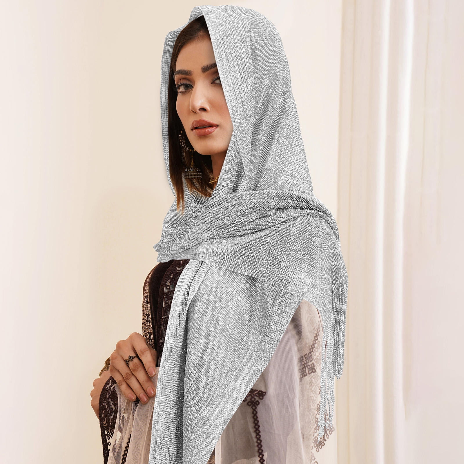 Tineasur Ladies Scarf Lightweight Silver Shawl Set Formal