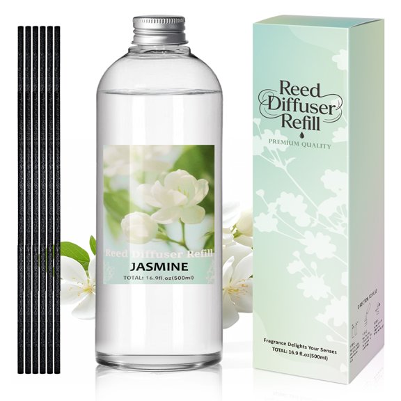 LA BELLEFÉE Jasmine Air Freshener, 500ml Reed Diffuser Refill with 6 Sticks for Home, Bathroom, Office, Spa, Yoga Meditation