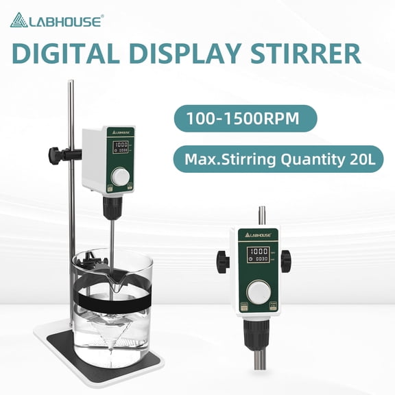 LABHOUSE OS-15S Digital Overhead Stirrer, 20L (HO) Lab Stirrer with Flat-Base Stainless Steel Stand, 2 Stirring Paddles & Beaker Holder, 100-1500 RPM, 20000 mPas, Timing 1min-24h