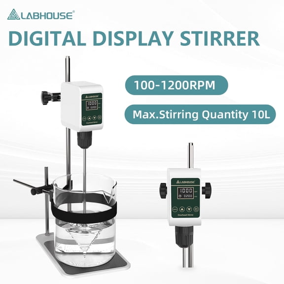 LABHOUSE OS-5S Digital Overhead Stirrer, 10L (HO) Lab Stirrer with Flat-Base Stainless Steel Stand, 2 Stirring Paddles & Beaker Holder, 100-1200 RPM, 10000 mPas, Timing 1min-24h