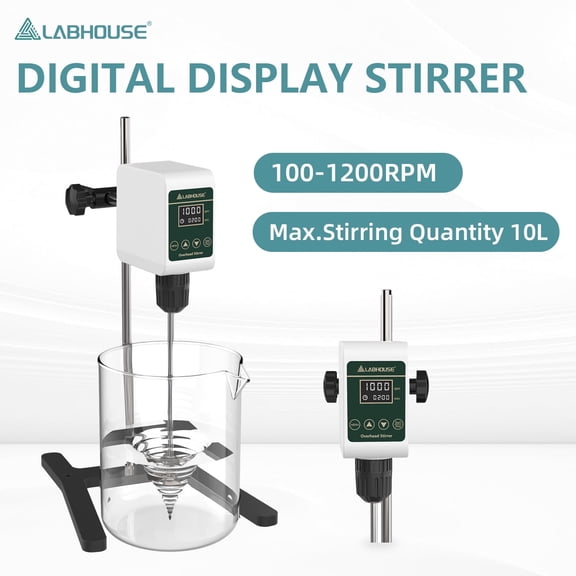 LABHOUSE OS-5S Digital Overhead Stirrer, 10L (HO) Lab Stirrer with H-Base Stainless Steel Stand & 1 Stirring Paddle, 100-1200 RPM, 10000 mPas, Timing 1min-24h