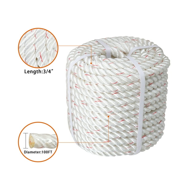 LABLT 3/4 inch Double Braided Polyester Rope, 100ft Arborist Bull Rope Lightweight Tree Rope High Strength Rigging Rope Heavy Duty Thick Rope for Camping Swings(White/Red)