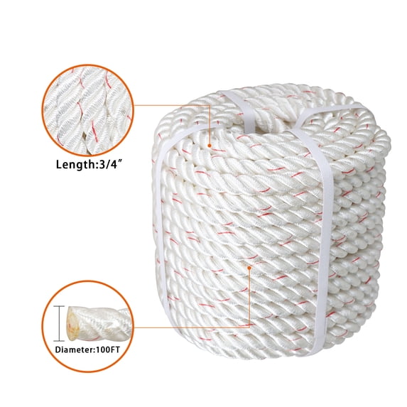 LABLT 3/4 inch Double Braided Polyester Rope, 100ft Arborist Bull Rope Lightweight Tree Rope High Strength Rigging Rope Heavy Duty Thick Rope for Camping Swings(White/Red)