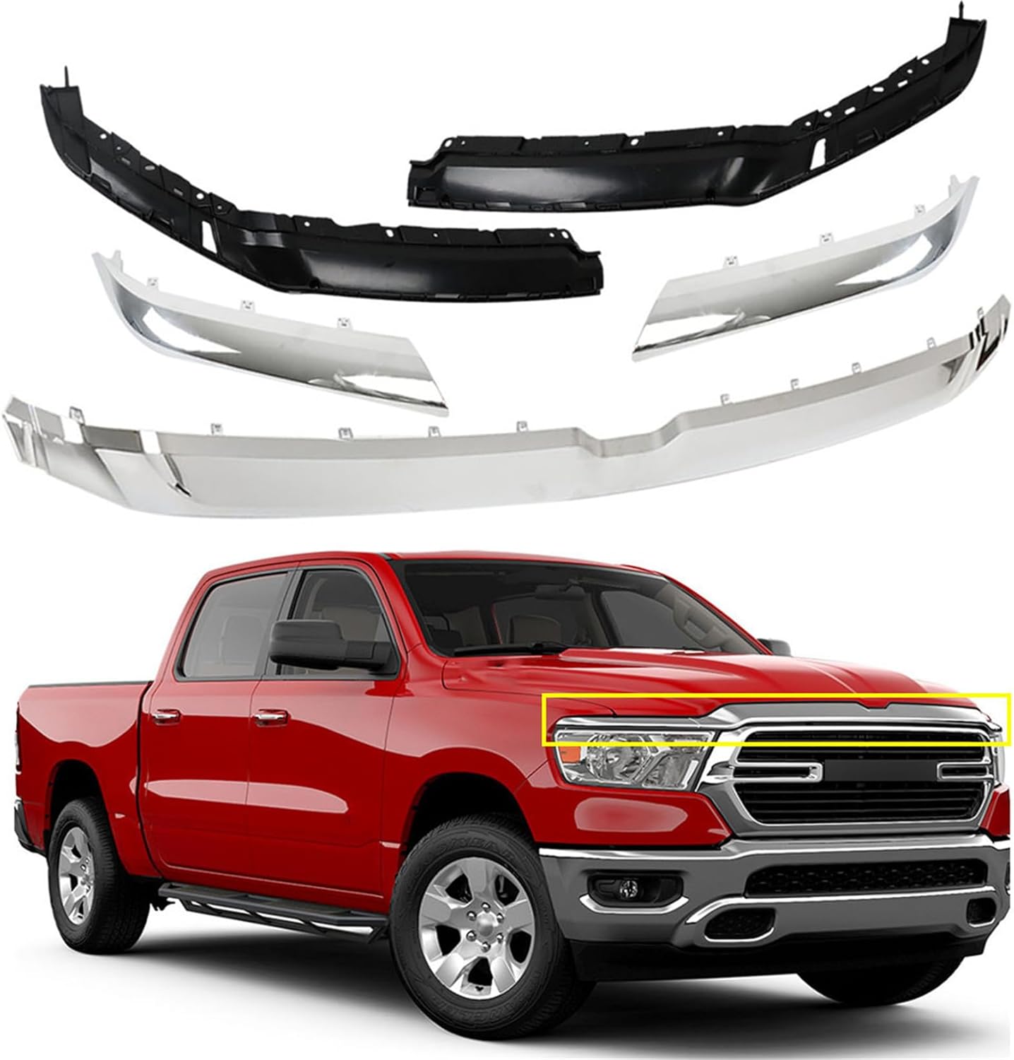 For Ram 1500 2019-2022 Chrome Upper Replacement Grille Trim Molding Plastic