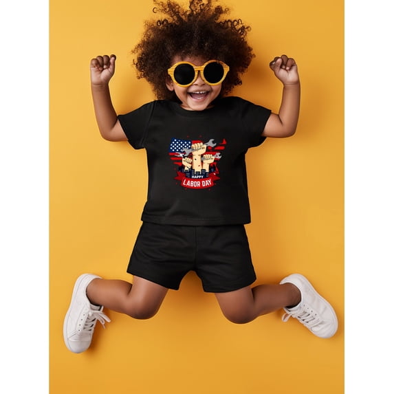 LABOR DAY Graphic Pattern Cotton Short Sleeve T-shirt Comfortable Set, Boy's Summer Outdoor Sports Outfit