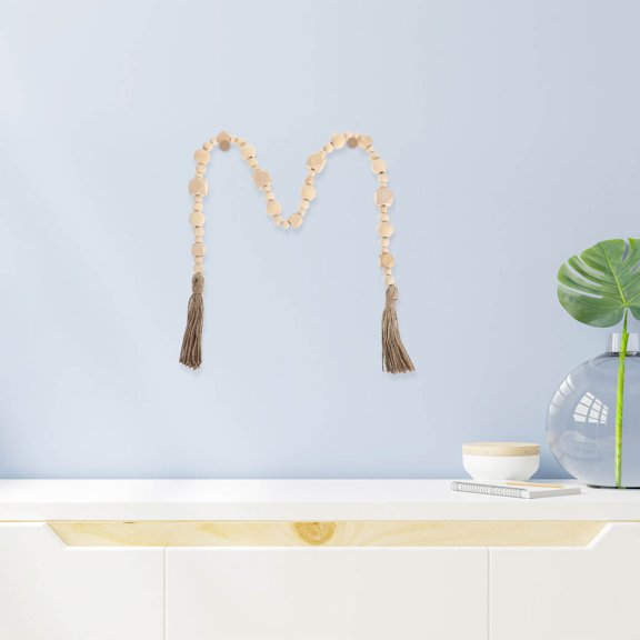 LABRIMP 1Pc Wooden Beads Wall Pendant with Tassel for Home Hanging Decor Beige