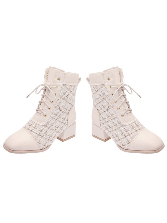 Women's Beige Mid Heel Ankle Boots, Breathable Chunky Heel Fashion Boots for Casual Wear
