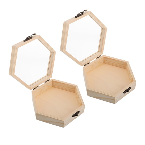 LABRIMP 2-Piece Hexagonal Wooden Storage Box Set with Glass Lid, Natural Wood Decorative Organizer for Home Display and Desk Decor