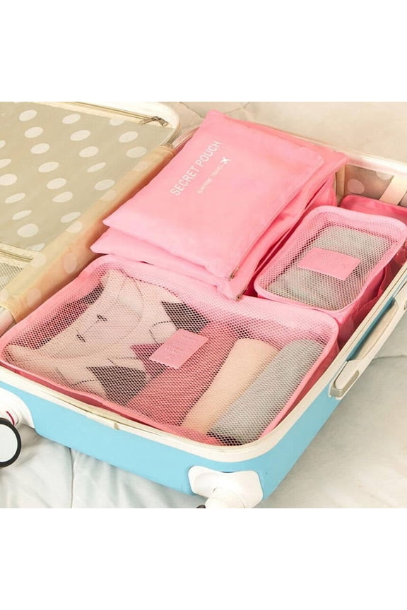 6Pcs Travel Packing Cubes Pink Waterproof Coating Fabric 14.6x10.2x4.3in