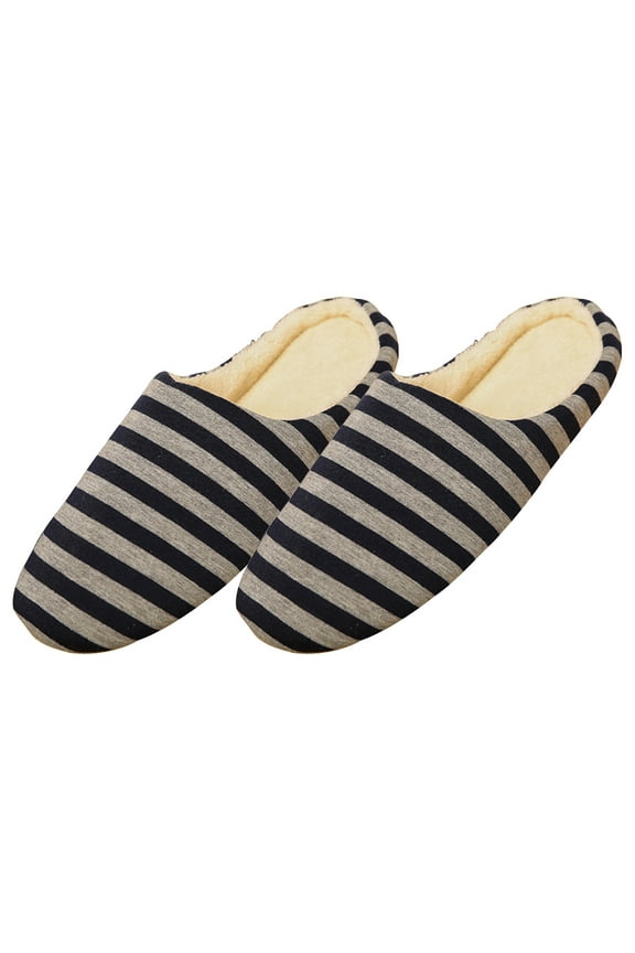 1 Pair Bedroom Slippers For Men Dark Blue Fabric Non Slip Mute Stripes Indoor