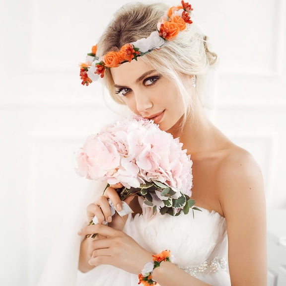 LABSERRON 1 Set Bridal Crown With Orange Cloth Flower Headwear For Boho-Themed Weddings And Beach Photoshoots