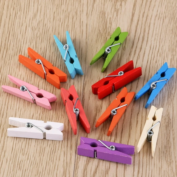 LABSERRON 100Pcs Clothes Clips Mini Wooden Photo Clips Assorted Color 1.4in Natural Wood Metal