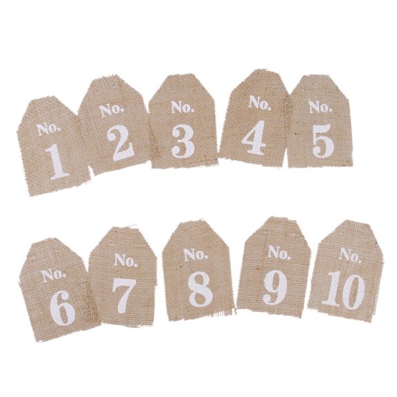 LABSERRON 10Pcs Rustic Burlap Wedding Name Tags Paper Place Cards with Number Print and Decorative ng