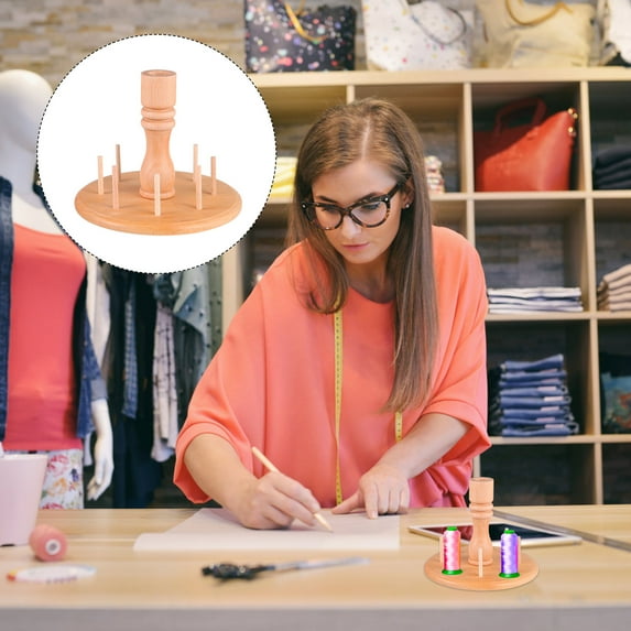 LABSERRON 1Pack Beige Rectangular Wooden Spool Holder for Sewing Tools Storage Rack Organizer in 6.29x6.29x4.72 Inch