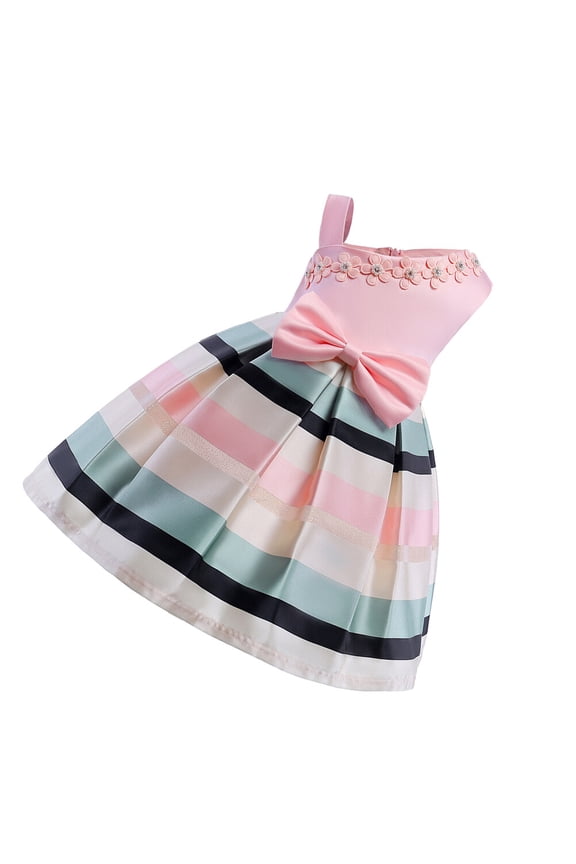 1Pcs Child One-Shoulder Pink Cotton Polyester One-Piece Dress for Girls Daily Wear 130In