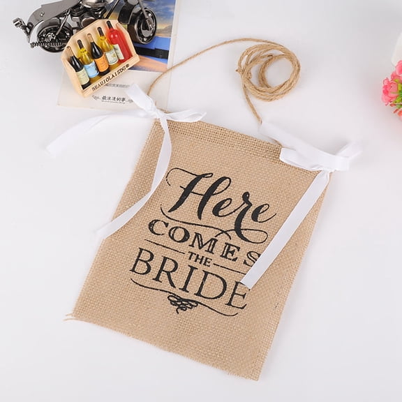 LABSERRON Burlap Flag Sign with Ivory Ribbon for Wedding Reception Decoration Natural Jute Fabric