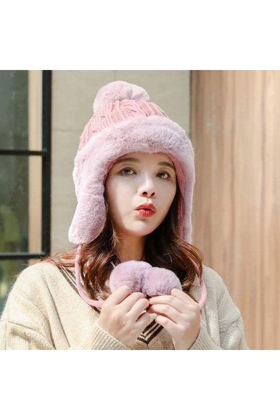 1Set Knitted Hat With Earmuff Plush Ball String Warm Keeping For Adults Autumn Wear