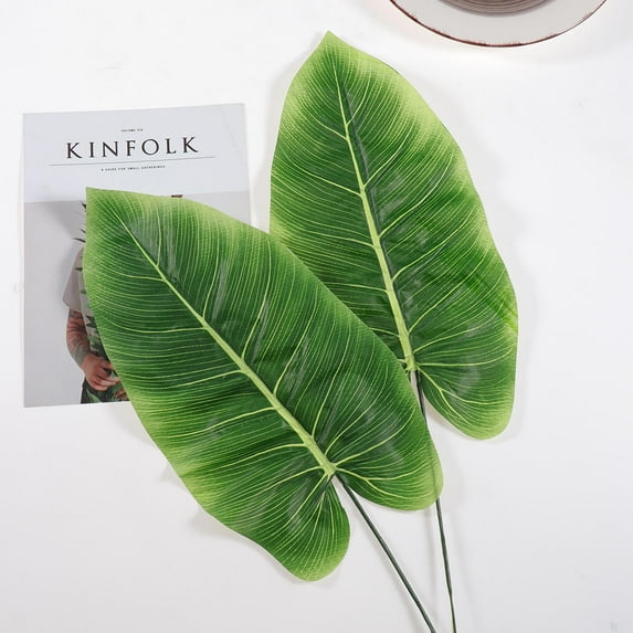 LABSERRON 2Pcs Green Artificial Leaves for Craft Indoor Decor Jungle Theme Events Leaf Shaped Plastic Fabric Steel Stem
