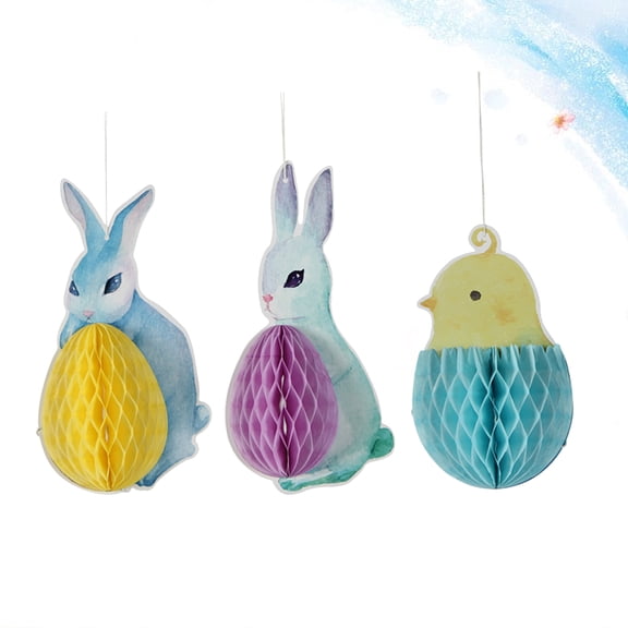 LABSERRON 3Pcs Paper Animal Honeycomb Ball Pendant Rabbit Shape Assorted Color Easter Party Decorative Ornaments
