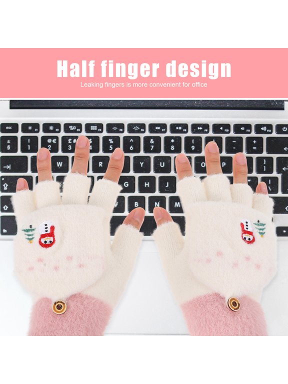 Adorable Cartoon Pattern Gloves, Warm Acrylic Half Finger Mittens for