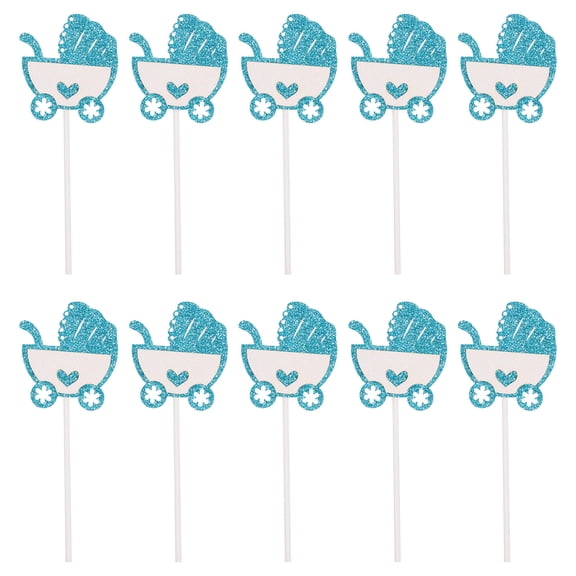 LABSERRON Blue Paper Cake Decorations with Baby Carriage Design for Party Use 10pcs