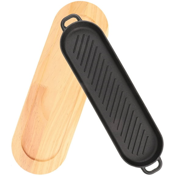 LABSERRON Cast Iron Grill Plate 43X13.5X1.5in Wavy Rectangular Black with Wooden Base for Roasting 1Pcs
