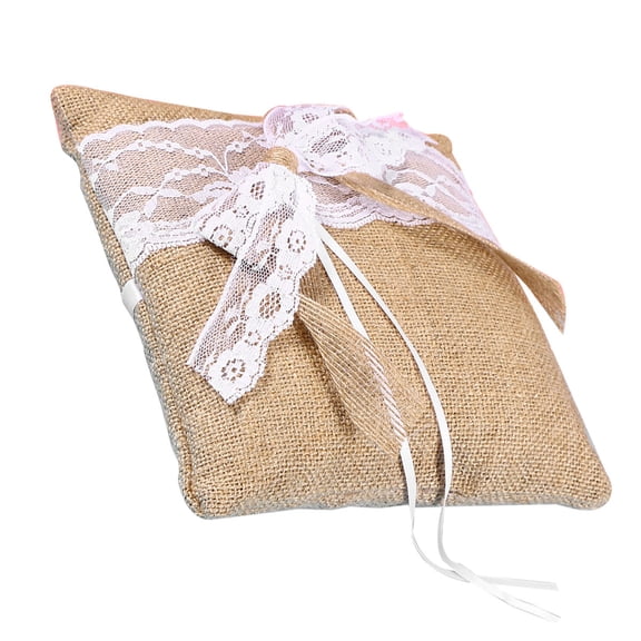 LABSERRON Rustic Wedding Pillow 1Set Square Chic Bridal Rings Bearer Cushion in Khaki and Brown 7.87 x 7.87 Inch