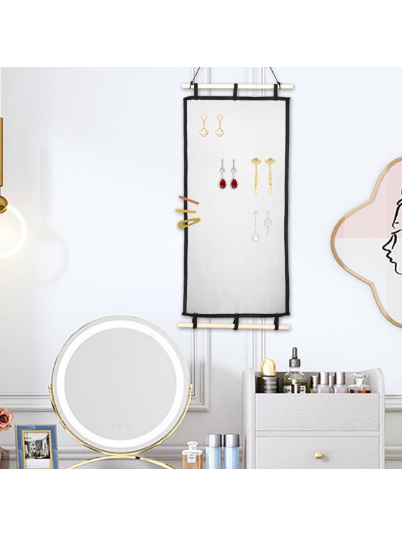 White Wall Hanging Earring Organizer with Wood and Mesh, Decorative Jewelry Storage for Closets