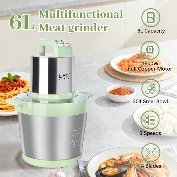 LAC LAICHY 3-Speeds 24 Cup Large Electric Meat Grinder,Electric Chopper,Food Processor with 4- Stainless Steel Blades,1500W High power Copper Motor For Meat,Baby Food,Green