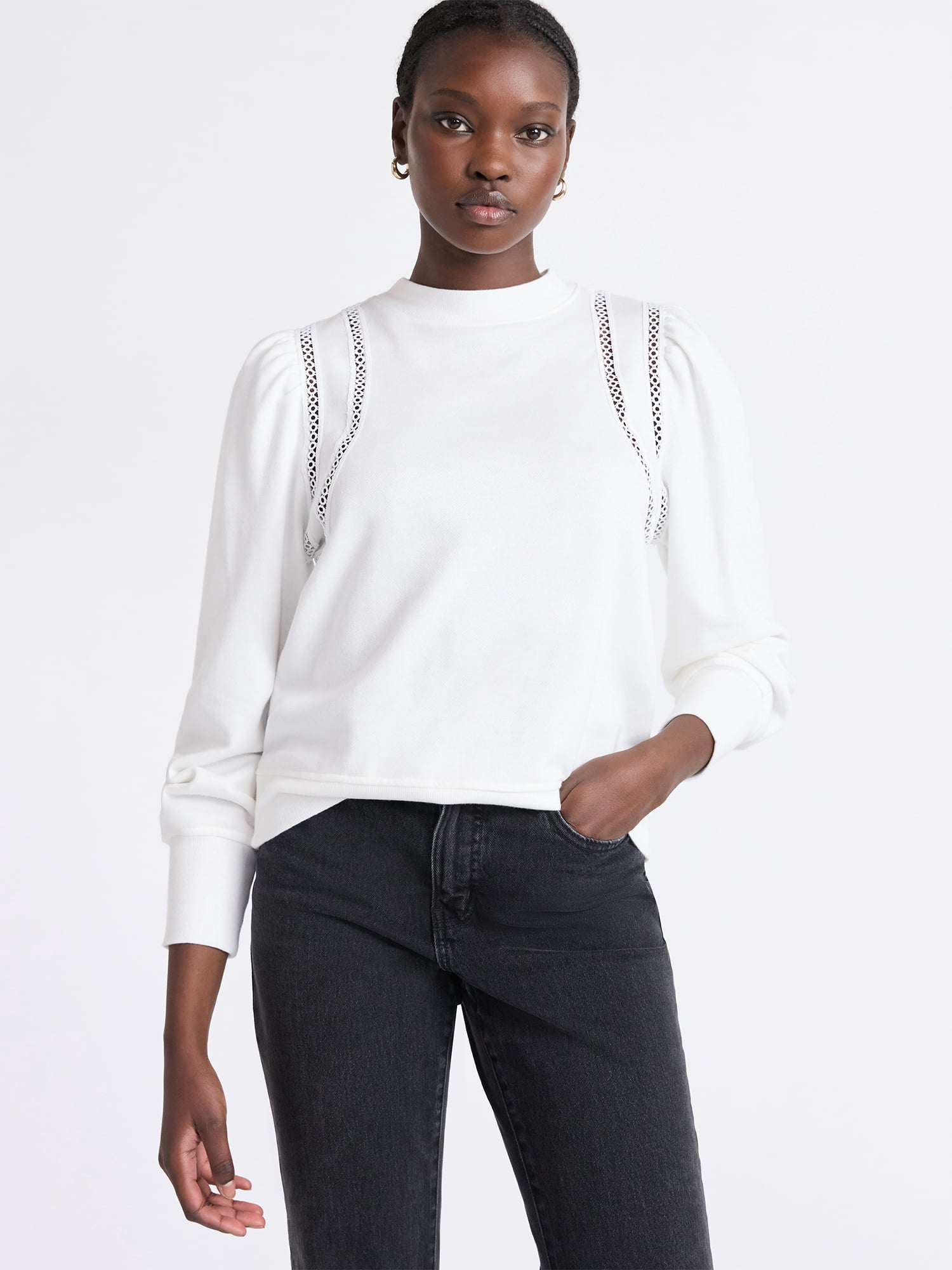 Free Assembly Women's French Terry Sweatshirt with Lace Inset and Long Puff Sleeves, Sizes XS-XXL