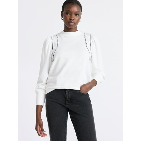 Free Assembly Women's French Terry Sweatshirt with Lace Inset and Long Puff Sleeves, Sizes XS-XXL