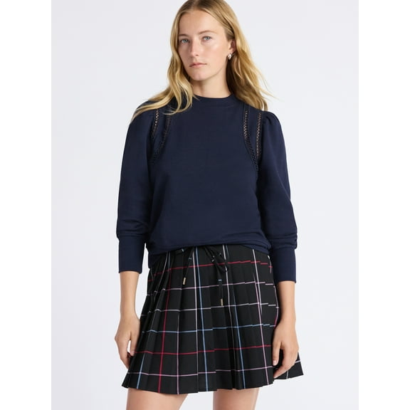 Free Assembly Women's French Terry Sweatshirt with Lace Inset and Long Puff Sleeves, Sizes XS-XXL