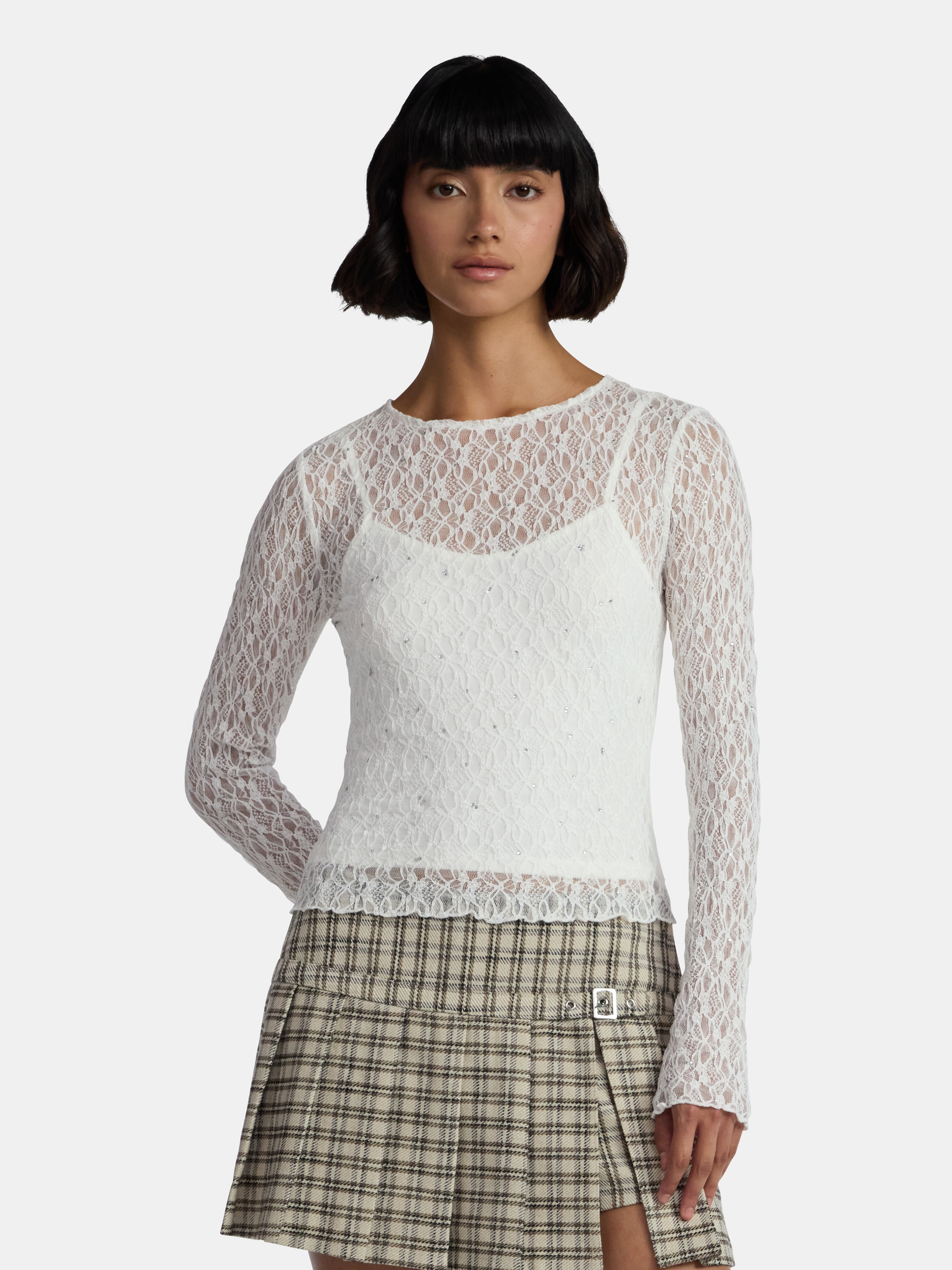 Madden NYC Women’s Lace Rhinestone Top with Long Sleeves, Sizes XXS-XXL