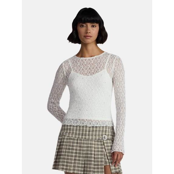 Madden NYC Women’s Lace Rhinestone Top with Long Sleeves, Sizes XXS-XXL