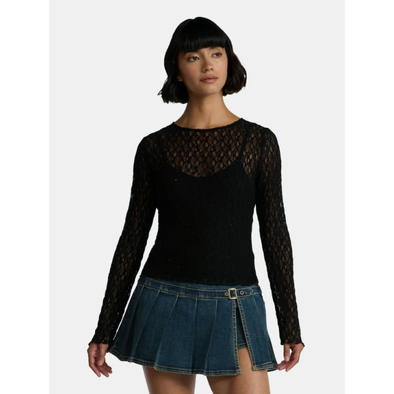 Madden NYC Women’s Lace Rhinestone Top with Long Sleeves, Sizes XXS-XXL