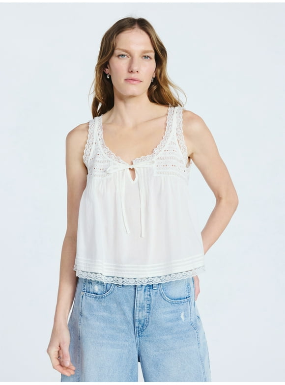 Women's and Women's Plus Flowy Cotton Tank Top with Lace Trim, Sizes XS-4X