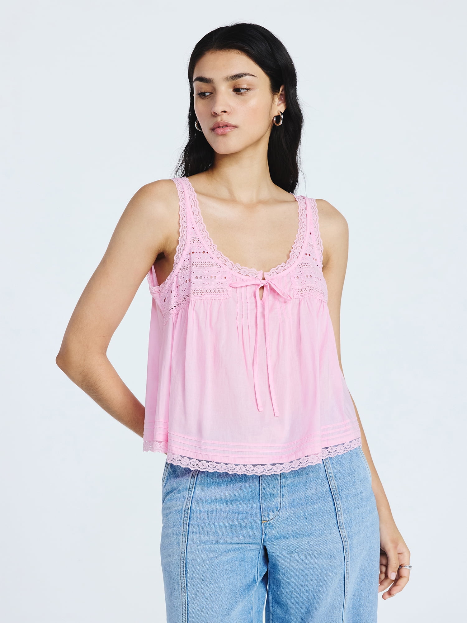 Women's and Women's Plus Flowy Cotton Tank Top with Lace Trim, Sizes XS-4X