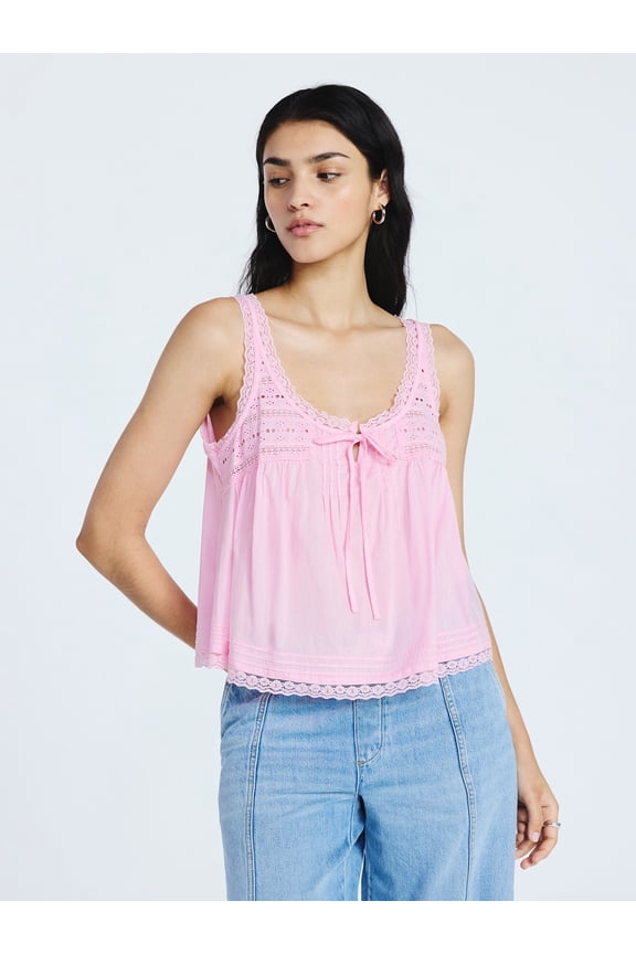 Women's and Women's Plus Flowy Cotton Tank Top with Lace Trim, Sizes XS-4X