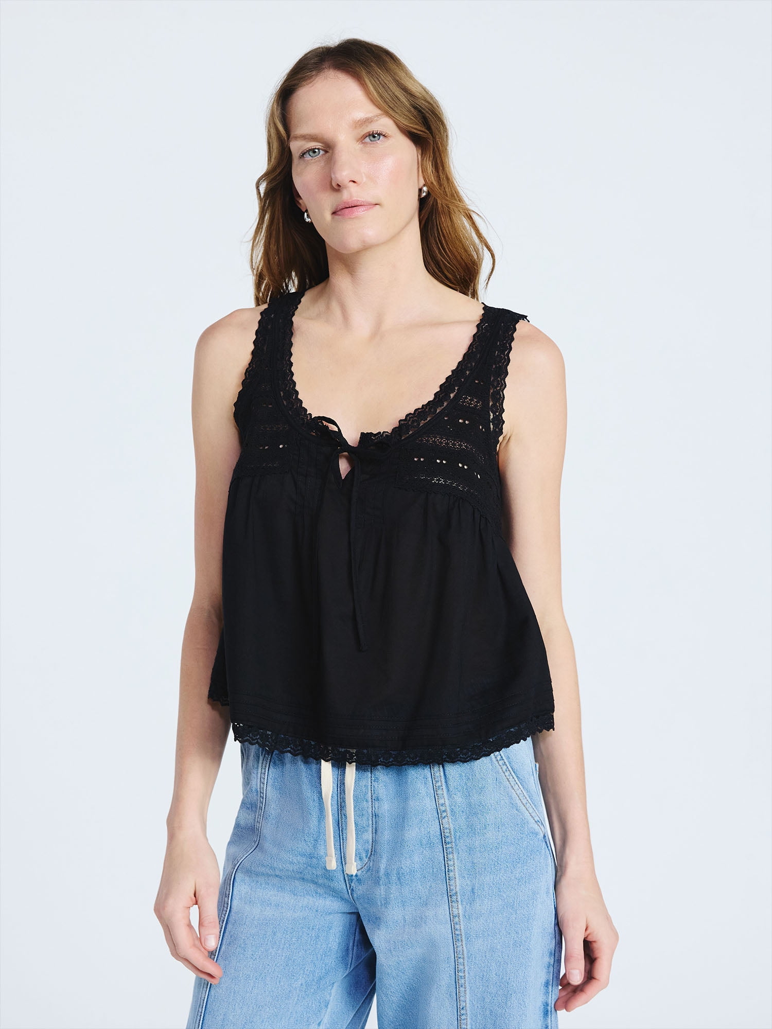 Scoop Women's and Women's Plus Flowy Cotton Tank Top with Lace Trim, Sizes XS-4X
